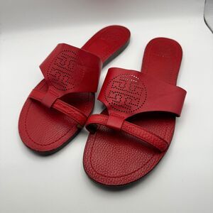 Tory Burch Slip On Sandal Slide Womens 9 M Red Perforated Logo Leather